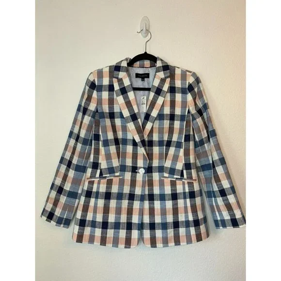 Talbots women's 6 pink navy blue plaid long sleeve single button suit blazer NWT - Picture 7 of 8